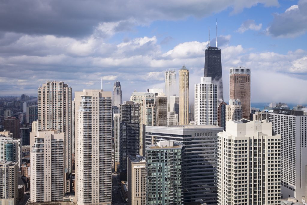 Aerial skyline of skyscrapers buildings