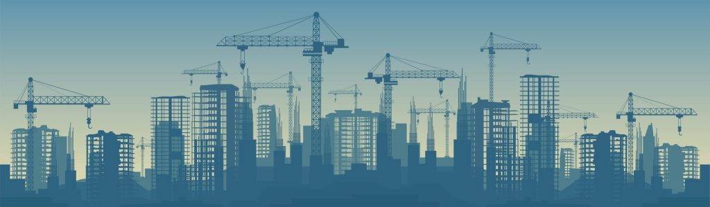 Wide banner illustration of buildings under construction in process